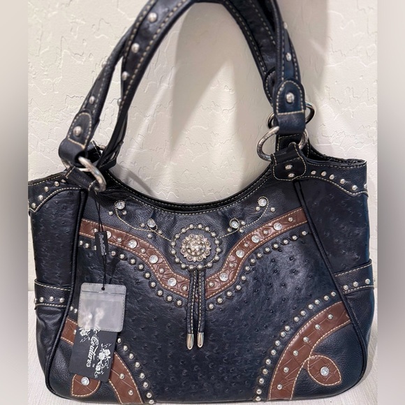 Rustic Couture Handbags - RUSTIC COUTURE Studded Black and Brown Handbag - NEW w/ Tags